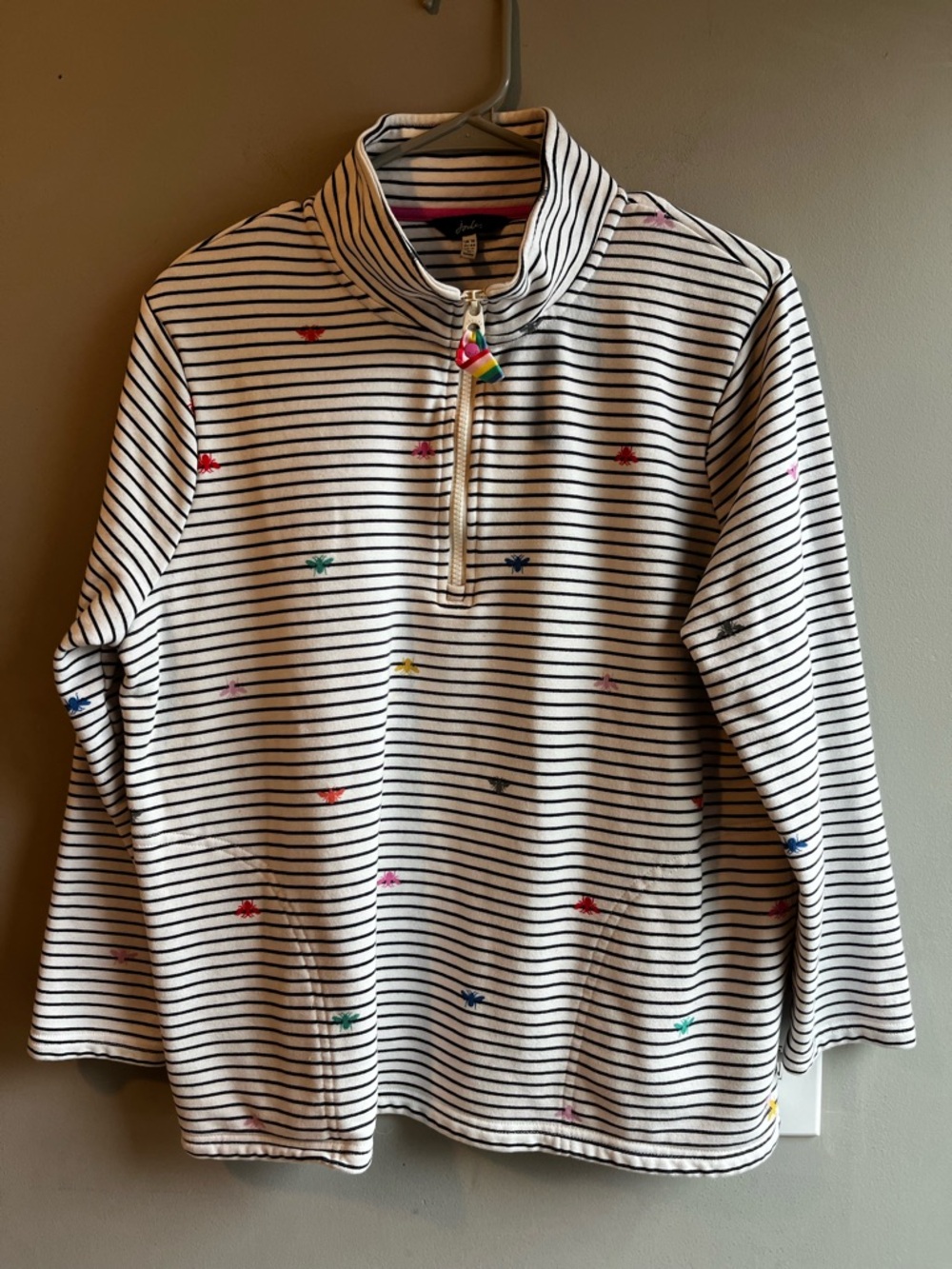 Joules Navy and White Striped Zip-Front Pullover with Rainbow Pullover Size 12